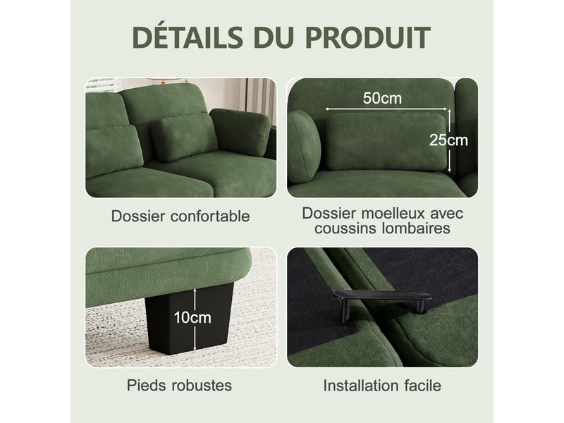 Canapé modulable 2 places 176x88x88 cm, coussins lombaires et accoudoirs, structure bois, chenille vert pour salon  - Conforama E