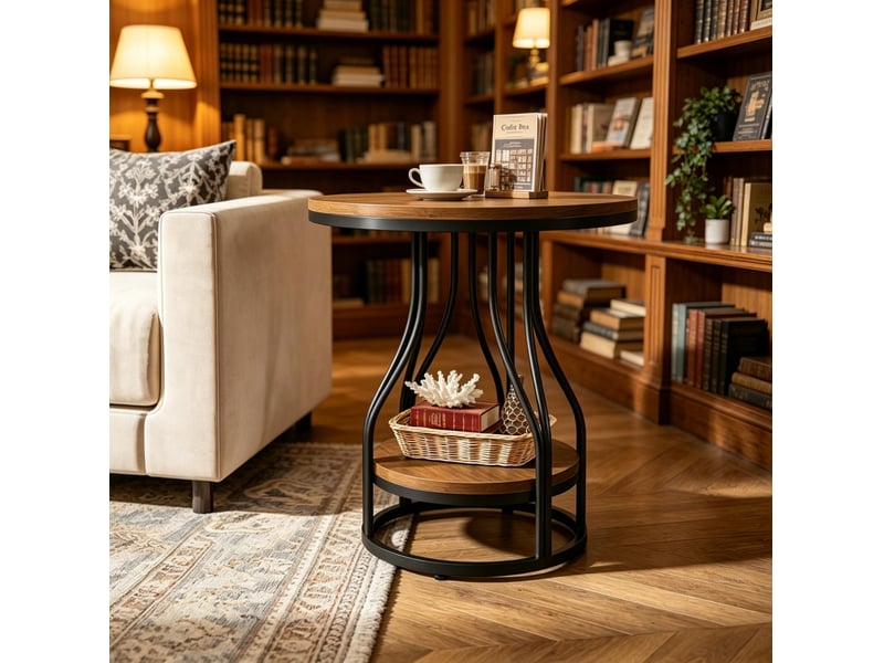 Table basse ronde 2 niveaux, moderne, plateau noir et marron, structure en métal peint, rangement pratique - Conforama E