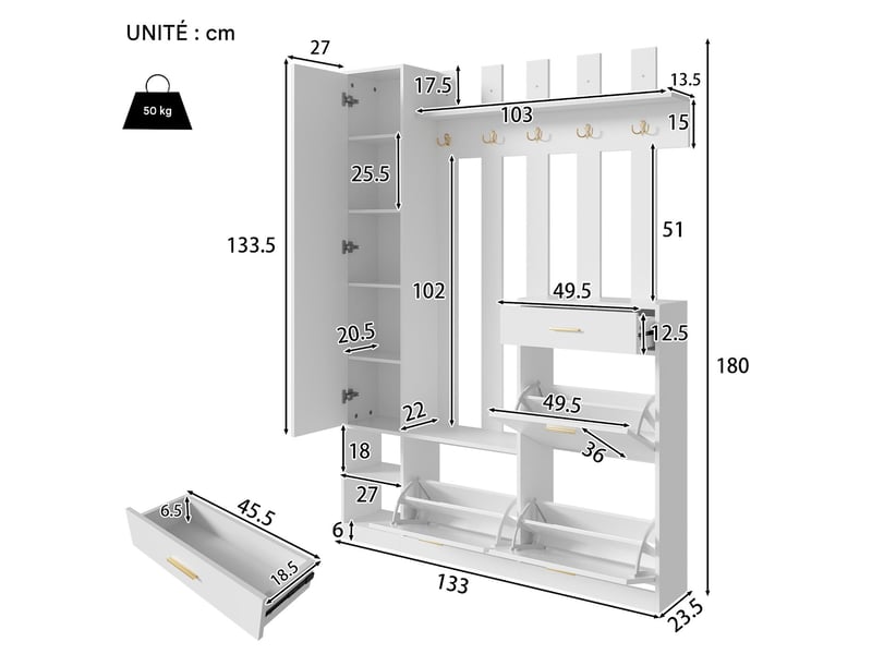  Vestiaire d'entrée avec miroir 3 meubles à chaussures 1 tiroir blanc 133x23.5x180 cm N657P41255253W - Conforama C