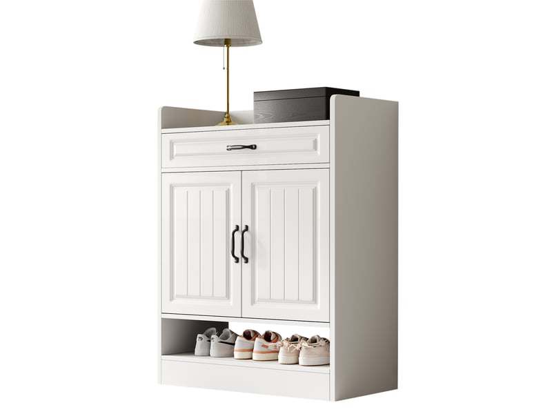 Meuble à chaussures contemporain blanc, 2 portes avec tiroir et étagères modulables, design moderne avec poignées noires - 75x36x95,5 cm  - Conforama A