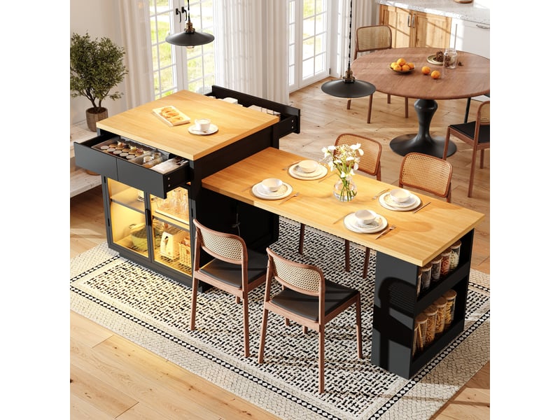  Îlot de cuisine extensible 122–194×70×94 cm table à manger 4 personnes avec led plan de travail 2 tiroirs 2 portes étagères, noir  - Conforama B