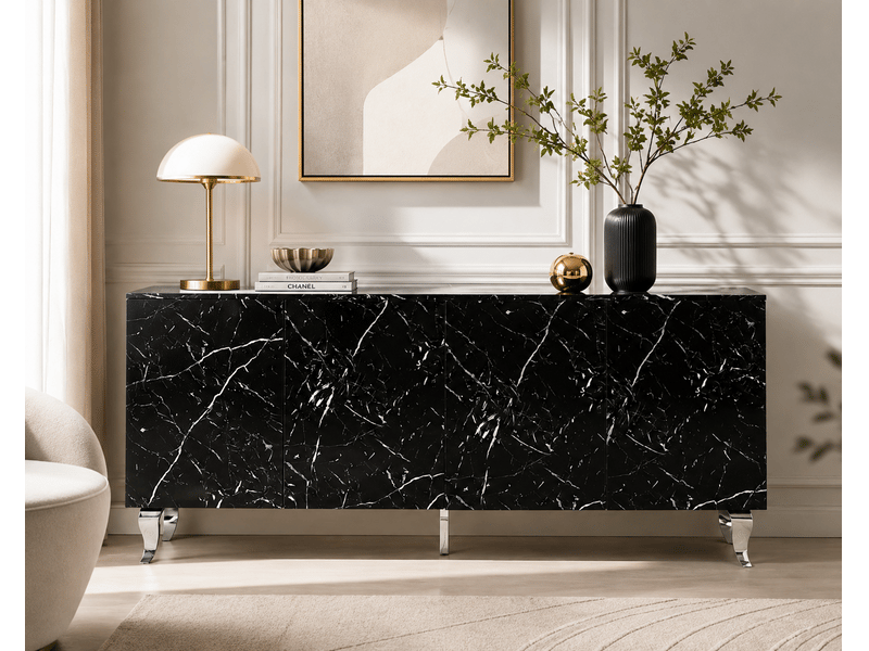  Buffet baroque – laqué marbre noir pieds chrome – 4 portes – 180x40x80 cm  - Conforama D