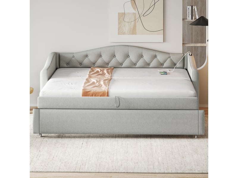  Lit rembourré 90x200 cm avec port usb, canapé-lit en lin, lit simple capitonné et sommier à lattes, gris  - Conforama E