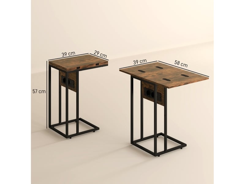 Table d'appoint pliable en c avec plateau extensible et station de charge pour salon, bois et métal, marron rustique - Conforama E