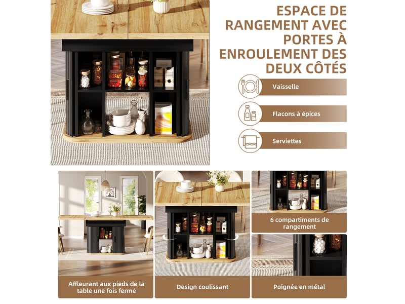  Table à manger extensible 119-159x80x76,5 cm, 2 portes coulissantes et de 6 compartiments, 4 à 6 personnes - noir  - Conforama E