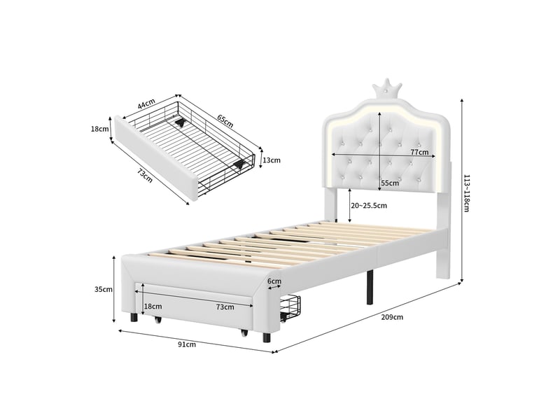  Lit simple 90x200 cm avec sommier, lit enfant avec tiroir et led, lit capitonné, tête de lit coquillage réglable, blanc  - Conforama E