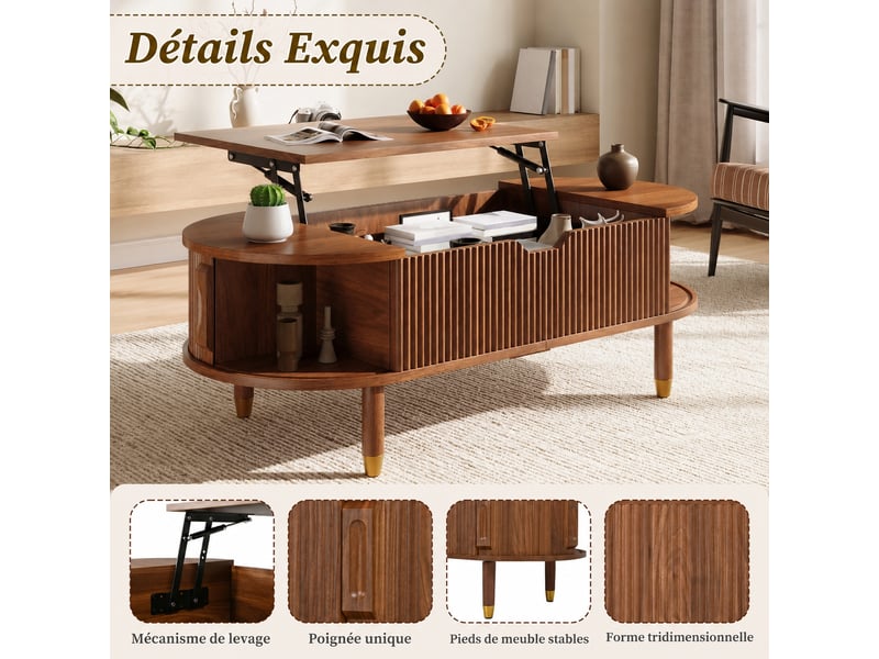  Table basse ovale relevable en mdf effet noyer avec rangement et portes coulissantes, 110 x 48 x 57 cm  - Conforama D