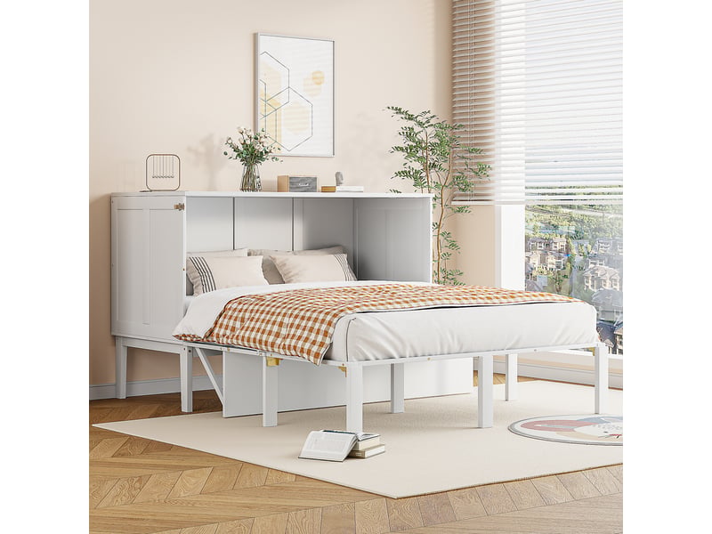  Lit mural rabattable 140x200 cm blanc, sommier à lattes et rangement sous le lit, gain de place pour chambre  - Conforama C