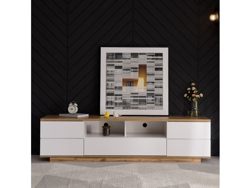  Meuble tv 180 cm blanc et décor bois en mdf, 5 portes et 2 niches ouvertes  - Conforama D