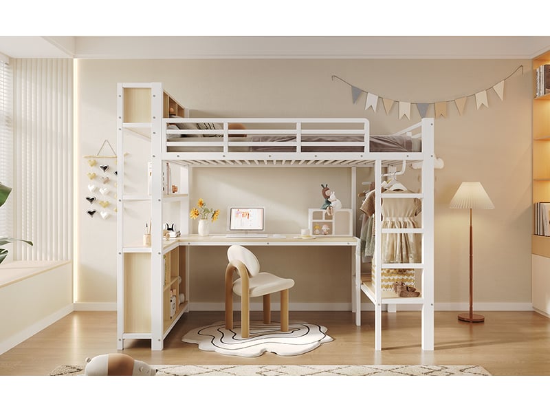  Lit mezzanine 90x200 cm blanc, bureau, portant à vêtements, étagères, espaces de rangement, sans matelas  - Conforama B