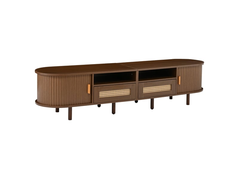  Meuble tv ovale effet noyer foncé 2 tiroirs rotin et 2 portes coulissantes 170x40x40 cm  - Conforama A