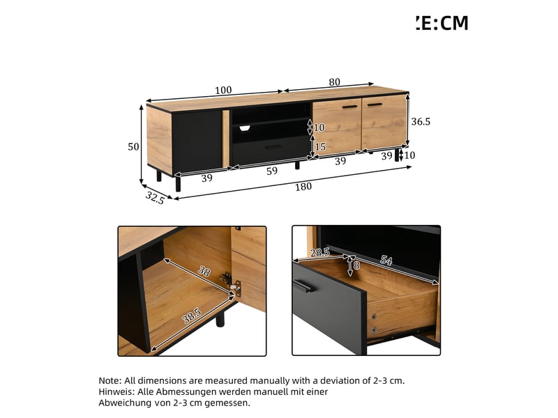  Meuble tv avec 3 portes, 1 tiroir et rangement ouvert pour salon 180×32,5×50 cm noir bois  - Conforama D