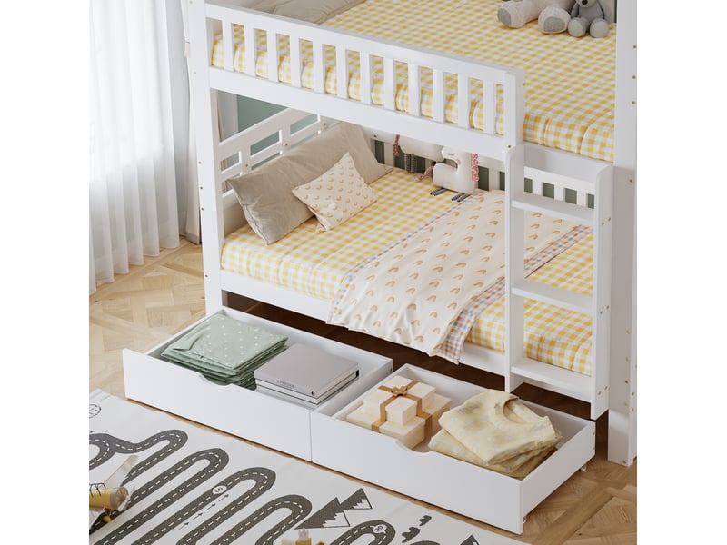  Lit superposé enfant 90 × 200 cm 2 places avec 2 tiroirs, rangement latéral et barrières, sans matelas, blanc  - Conforama E
