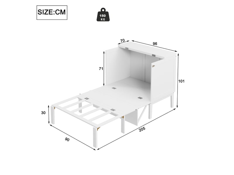  Lit escamotable vertical 90x200 cm avec sommier à lattes, blanc  - Conforama E