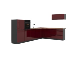 Vicco cuisine en angle, rouge brillantanthracite, 327 x cm plan de travail chêne doré