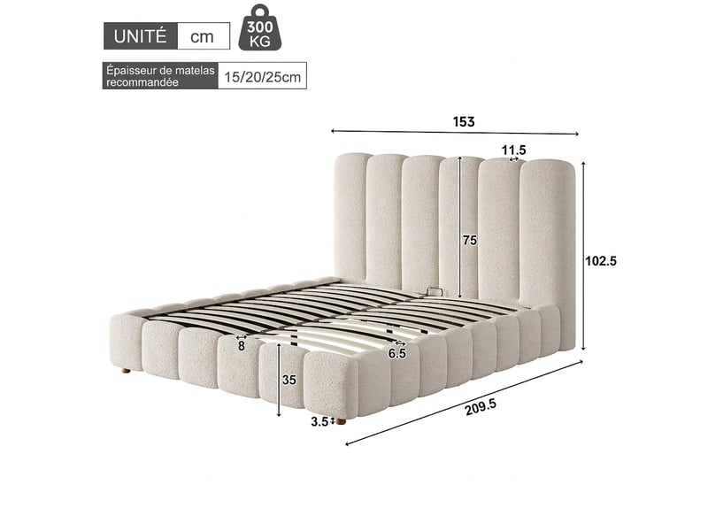  Lit double 140x190 lit coffre avec rangement tissu bouclette blanc sommier inclus  - Conforama C