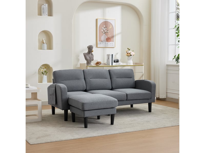 Canapé d’angle gris 3 places avec méridienne, canapé modulaire en tissu pour salon, 204 x 136 x 80 cm avec rangements latéraux - Conforama C