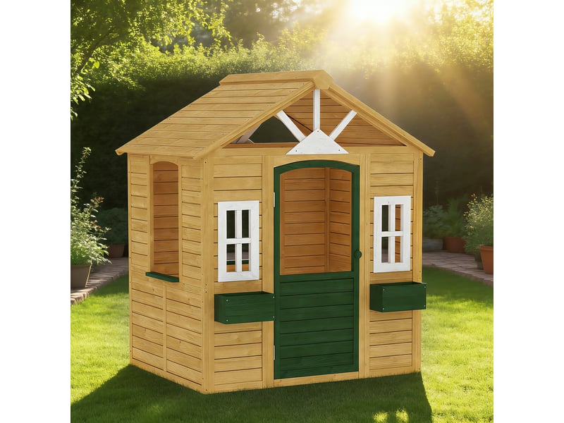  Cabane enfant extérieur en bois, maison enfant extérieure avec porte, fenêtres, 2 bacs à fleurs, marron, 134,5x97x150cm  - Conforama D