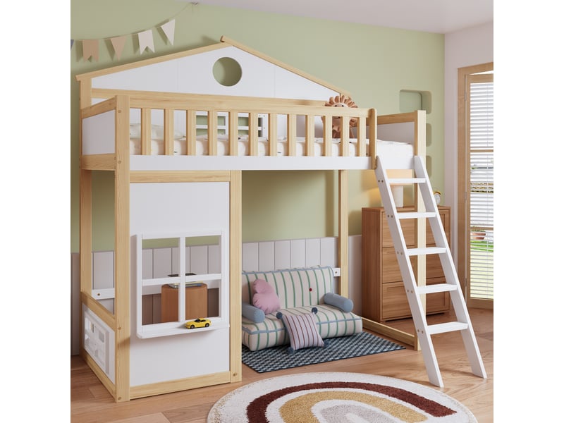 Lit superposé 90x200cm, maison avec toit et fenêtre, échelle, garde-corps, sous-lit libre, blanc naturel  - Conforama E