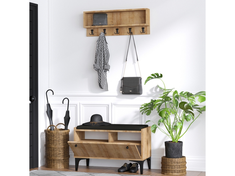 Meuble d'entrée avec meuble à chaussures banquette et vestiaire mural en bois luana  - Conforama E