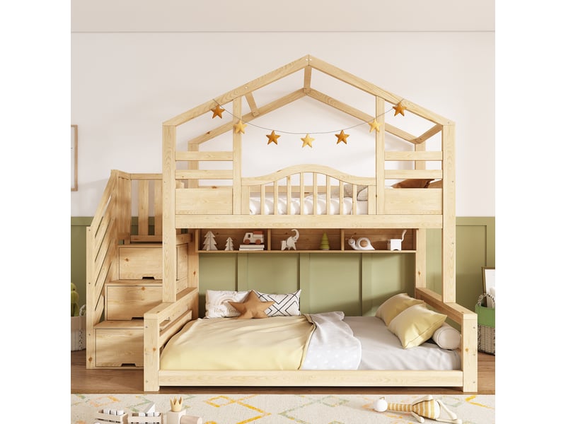  Lit superposé cabane 90 x 200 140 x 200 cm effet bois naturel avec escalier rangement, étagères, garde-corps, chambre enfant ado famille  - Conforama C
