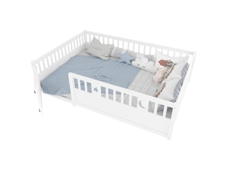  Lit à panneaux, 140 x 190 cm, lit enfant avec barrière de sécurité, décor étoiles et lune, sans matelas, style minimaliste, blanc  - Conforama A