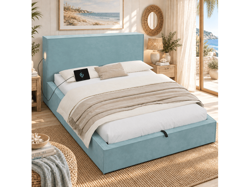  Lit enfant coffre 140x200 cm avec sommier et ouverture hydraulique, bleu, sans matelas  - Conforama B
