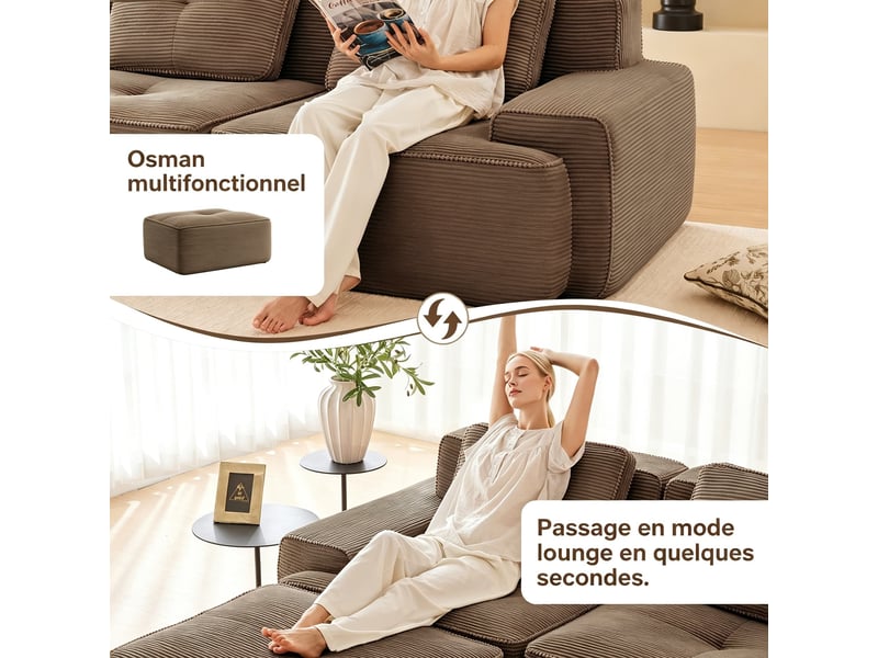  Canapé modulable 3 places effet nuage, assise profonde en velours côtelé, 69 × 293 × 104 cm, marron  - Conforama E