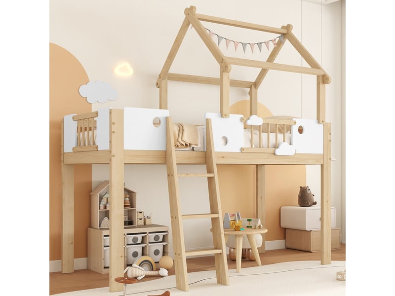  Lit mezzanine 90x200cm pour enfant, avec toit, garde-corps et échelle oblique, bois et mdf, blanc et naturel  - Conforama D