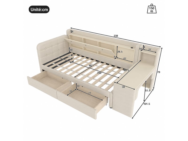 Lit banquette 90 cm avec bureau modulable, 2 tiroirs, rangements et ports usb et type c, en lin beige - Conforama D