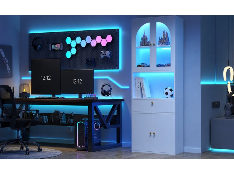  Vitrine en verre 70x35x180 cm led rgb pilotée par application smartphone mdf blanc  - Conforama C