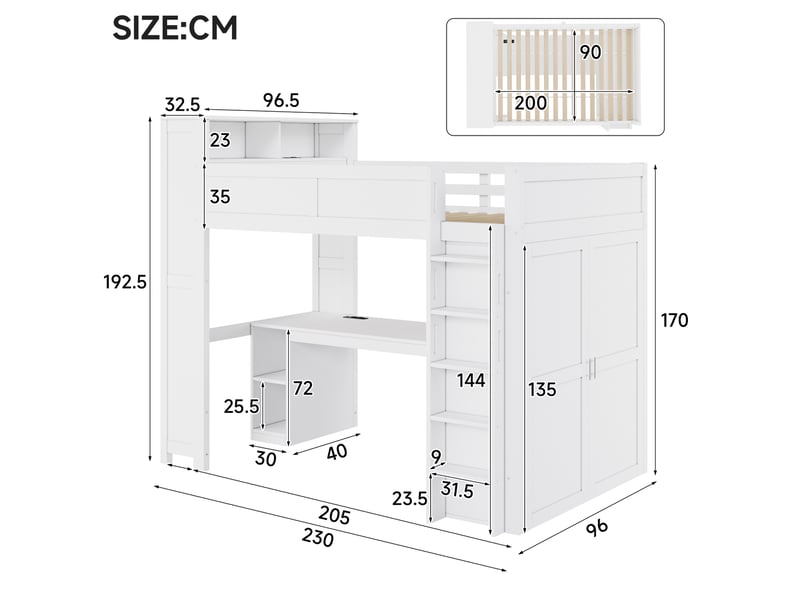  Lit mezzanine 90x200 cm avec bureau, rangements, armoire, usb et led blanc  - Conforama E