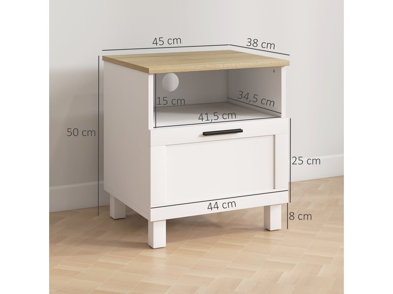 Ensemble de 2 tables de chevet avec tiroir, compartiment ouvert, pieds en bois, 45 x 38 x 50 cm, blanches  - Conforama E