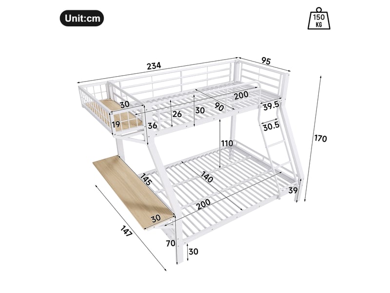  Lit superposé - 90x200 cm - 140x200 cm - bureau intégré - échelle - barrières de sécurité - rangements intégrés - lit enfant - blanc CozyNest - Conforama D
