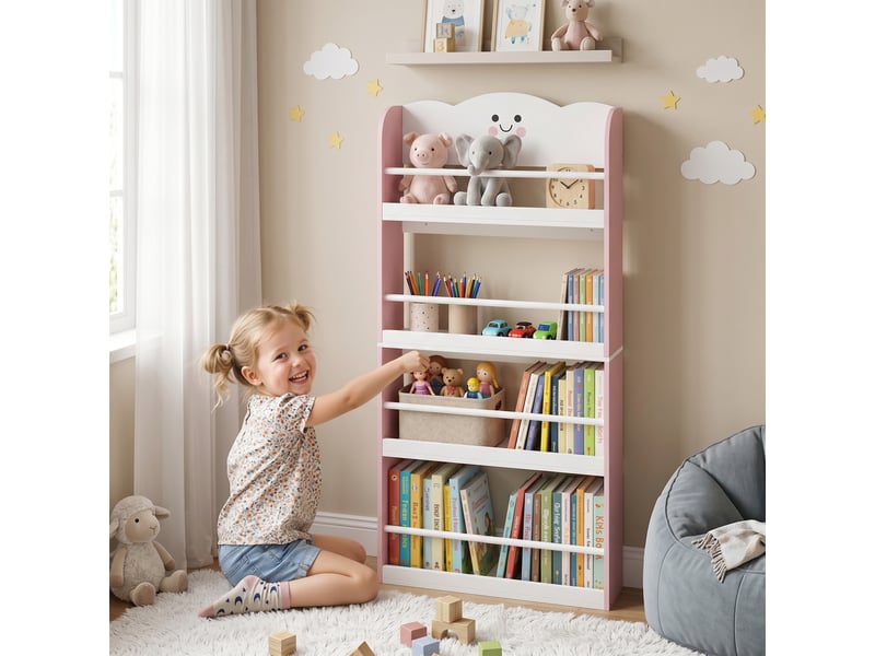 Bibliothèque pour enfant, rangement livre enfant 4 niveaux en thème barbe à papa, 60x12x108cm, rose - Conforama B