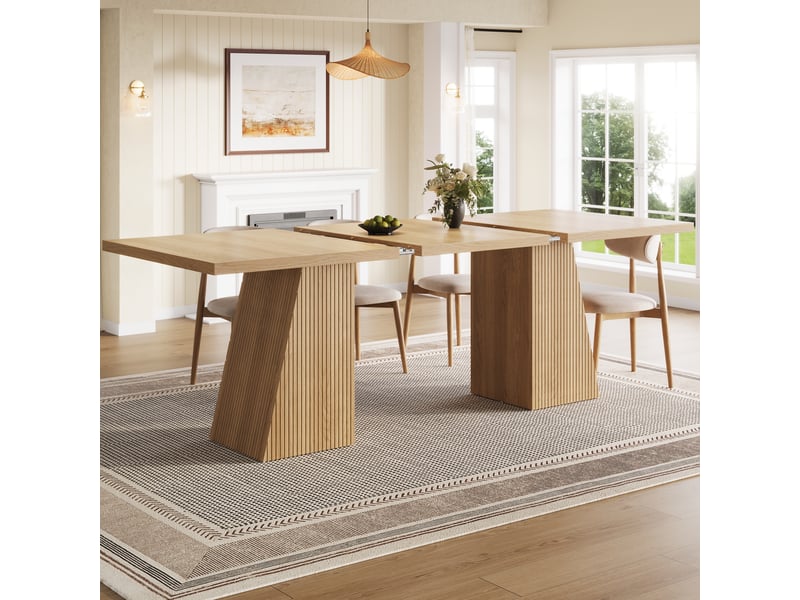 Table à manger extensible 120-160x80 cm pour 4 à 6 personnes, pieds trapézoïdaux à rainures verticales, patins antidérapants, effet chêne clair - Conforama C