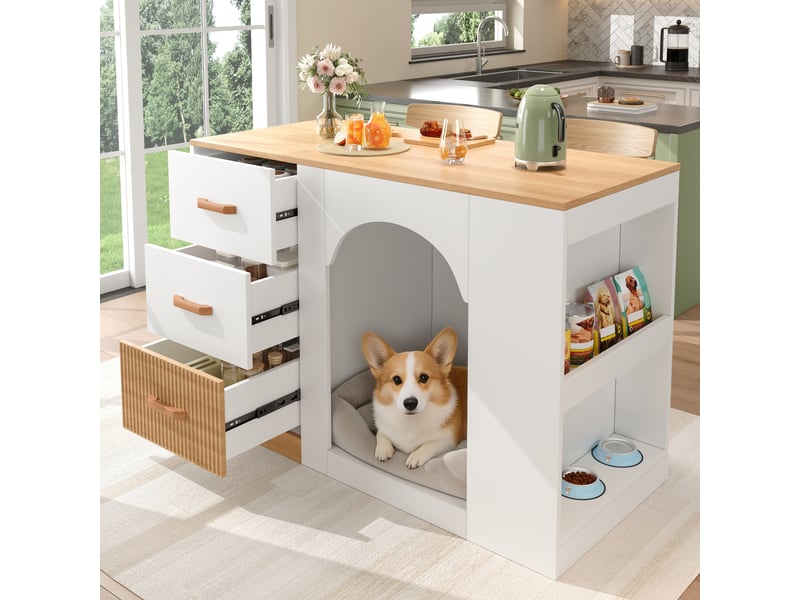  Îlot de cuisine avec espace, îlot central blanc et aspect bois, 3 tiroirs, 120x60x90 cm  - Conforama C