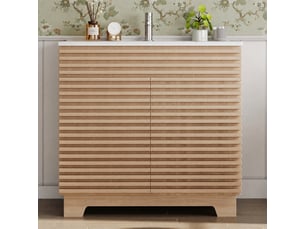 Meuble vasque 91 cm effet bois naturel avec vasque intégrée et 2 portes, 91 x 46 x 80 cm