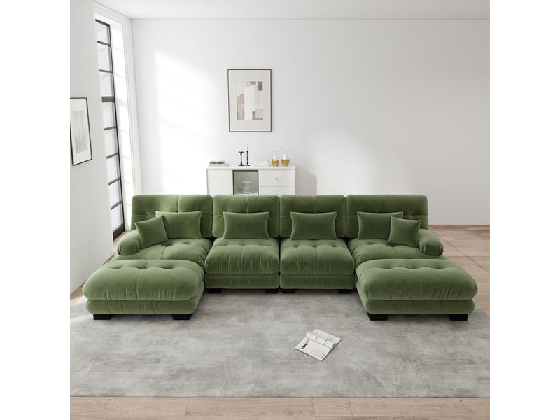  Canapé d'angle modulaire 4 places avec ottoman mobile et coussins, en chenille vert pour salon  - Conforama C