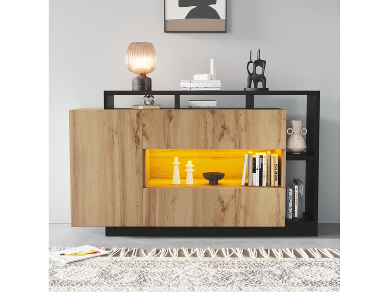  Buffet et enfilade led avec 2 portes, 5 niches et éclairage rgb réglable pour salon, mdf bois, 140 × 44 × 94 cm  - Conforama B