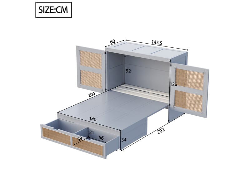  Lit escamotable vertical 140 x 200 cm gris avec sommier à lattes et tiroirs de rangement  - Conforama E