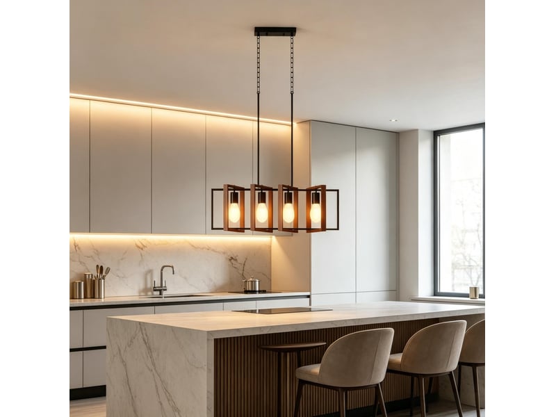  Suspension 4 lumières 80 x 21 x 90-130 cm noire en acier et bois, quatre cadres orientables, hauteur réglable  - Conforama C