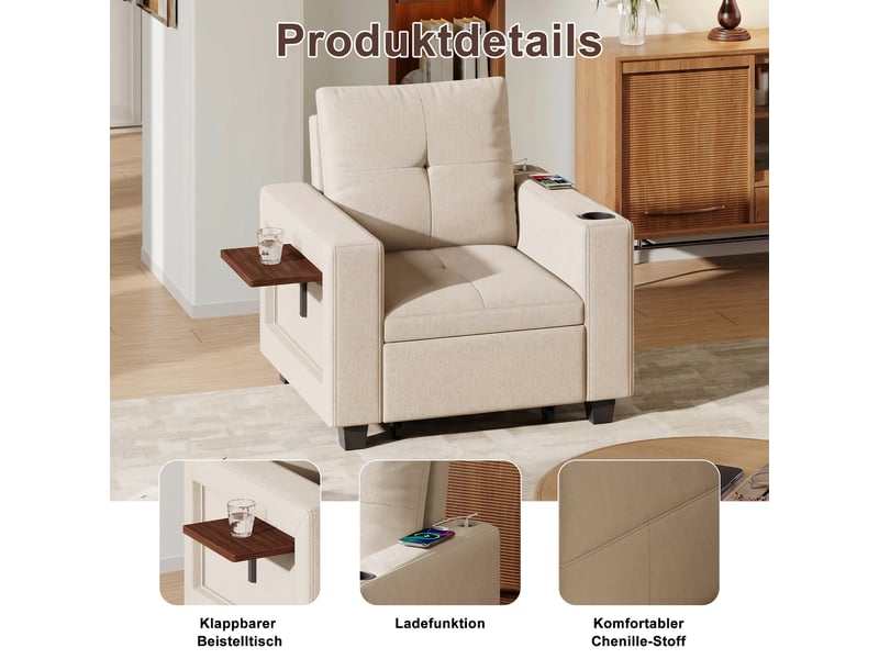  Fauteuil-lit 1 place crème en chenille convertible 3-en-1, dossier 5 positions avec tablette pliable et porte-gobelet  - Conforama R