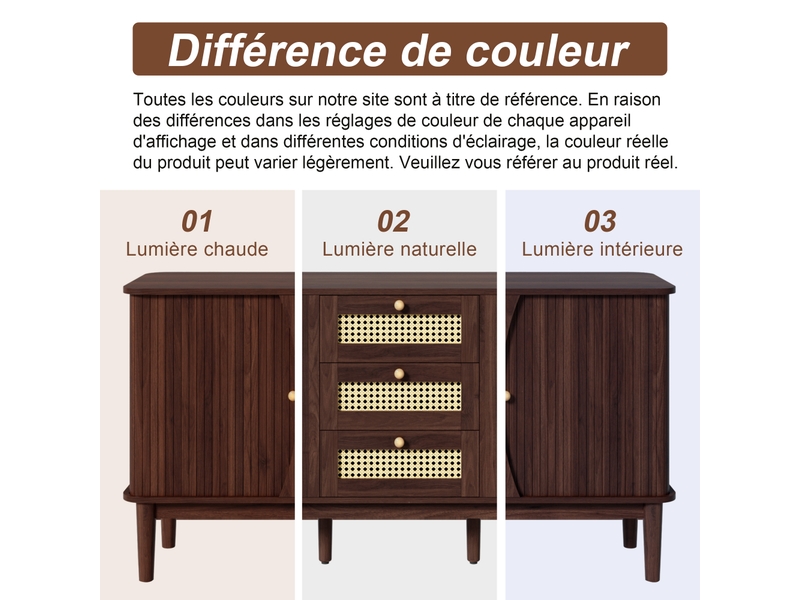  Buffet avec 3 tiroirs en rotin, portes coulissantes et étagères réglables pour salon en mdf 141×40×77 cm naturel  - Conforama E
