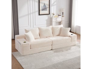 Canapé convertible 4 places en velours côtelé beige, 273 x 98 x 87 cm, porte-gobelets, poches latérales, livré compressé, agencement modulable