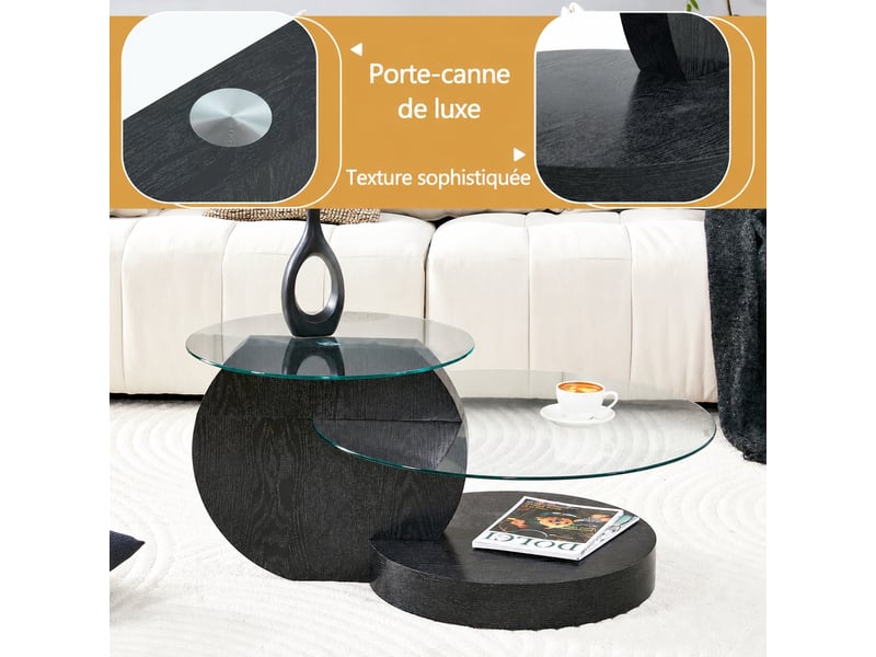  Table basse muvano, table basse en verre de sécurité à 2 niveaux, structure en mdf effet bois noir, 90 x 70 x 44 cm  - Conforama D
