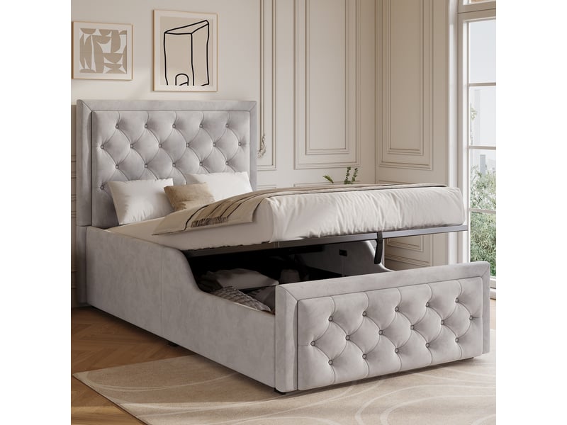  Lit coffre hydraulique 90x200 cm enfant ado rembourré en velours gris avec tête de lit rembourrée, rangement et sommier à lattes Morn Vibe - Conforama B