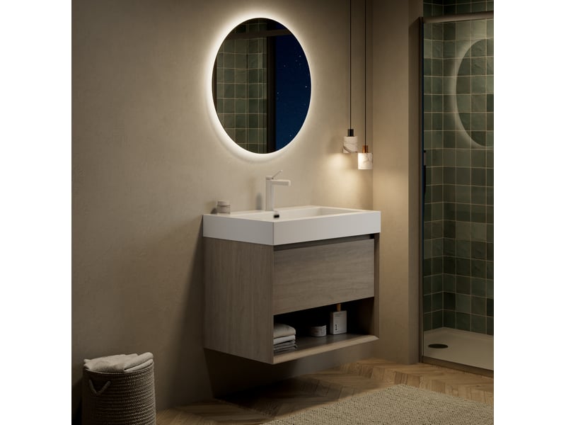 Meuble rangement salle bain vasque suspendu 70 cm tiroir niche chene clair blanc homvra - Conforama C