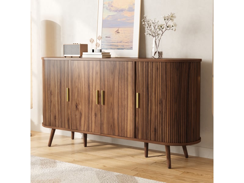 Buffet arrondi 150 cm décor noyer, 2 portes coulissantes et 2 battantes, étagère centrale réglable - Conforama D