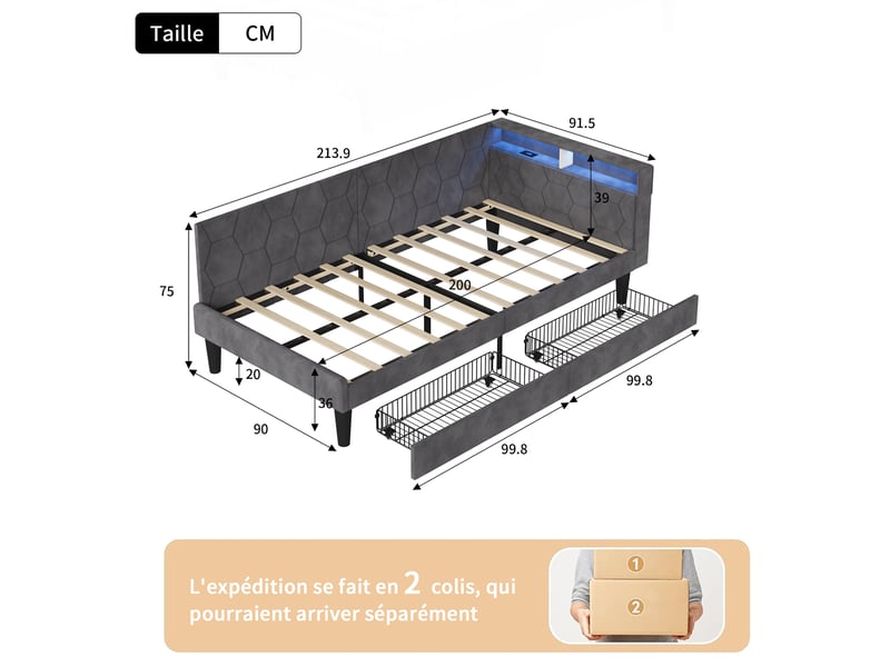  Kefsr cadre de lit simple rembourré 90x200 cm avec 2 tiroirs, canapé-lit banquette en velours gris, tête de lit avec rangement, éclairage led rgb et ports usbtype-c  - Conforama C
